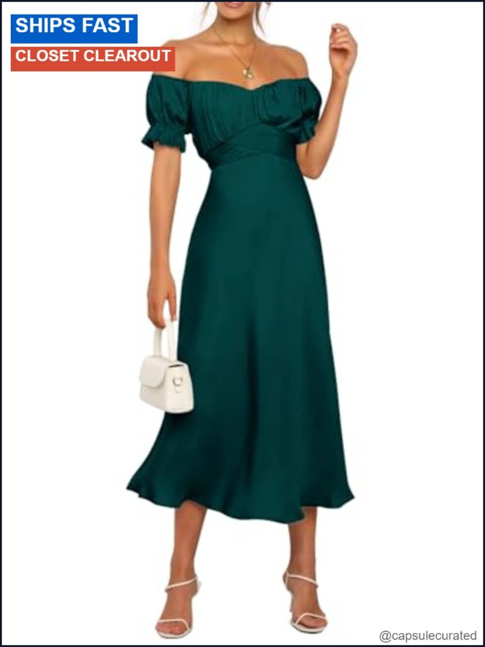 Satin Off Shoulder Midi Dress Puff Sleeve Wedding Guest Cocktail